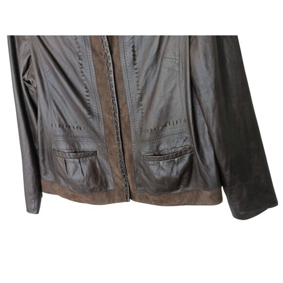 Tahari Woman 100% Leather Jacket Brown Suede Trim Open Front Pockets Boho Chic L - Picture 5 of 16